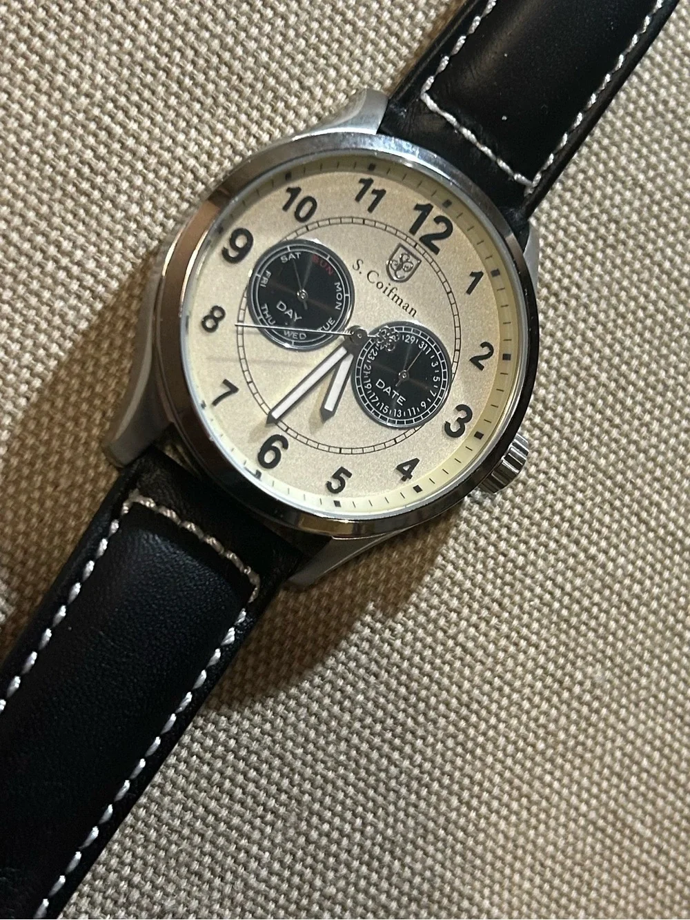 S Coifman Watch With 44mm Silver Light Gold Tone Face With Black Leather Band